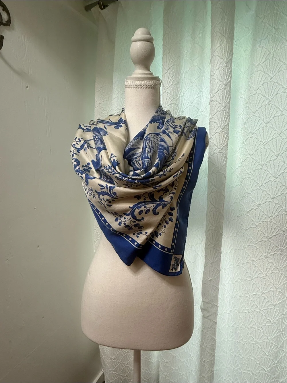 Blue and Cream Floral Silk-Feel Scarf Wrap